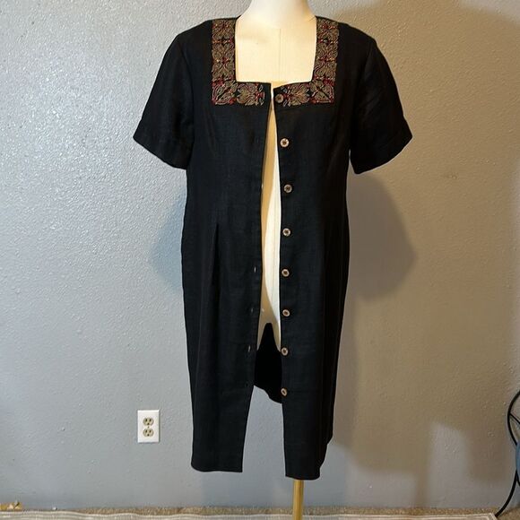 Vintage Carole Little Elegant linen Dress with Embroidered Neckline size 10P - Picture 4 of 8